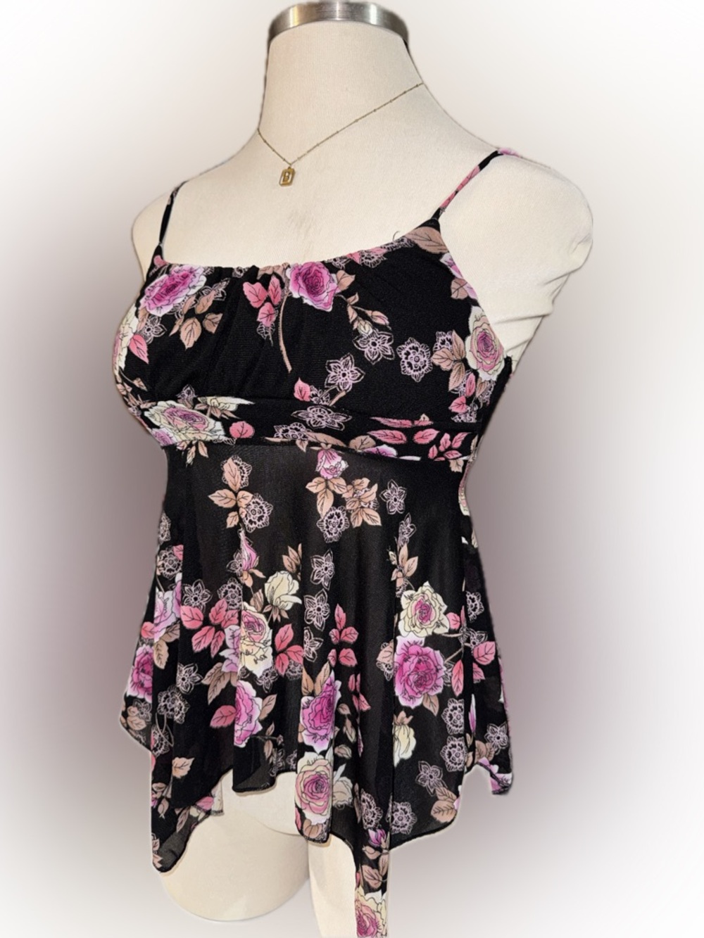Y2K Self Esteem Black Floral Spaghetti Strap Flowing Top with Pink & Cream Roses